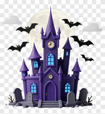 Cartoon Haunted Castle With Bats And Moon PNG