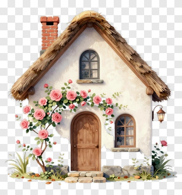 Charming Cottage With Roses And A Thatched Roof PNG
