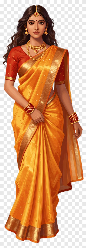 Woman In Orange Saree With Jewelry PNG