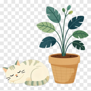 Cartoon Cat Sleeping Next To A Potted Plant PNG