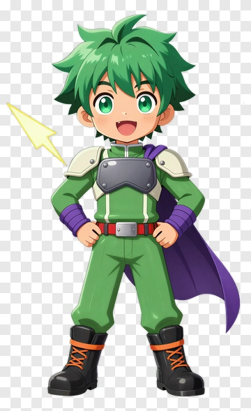 Cartoon Boy Hero With Green Hair And Purple Cape PNG