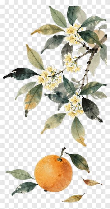 Watercolor Orange With Blossoms And Leaves PNG