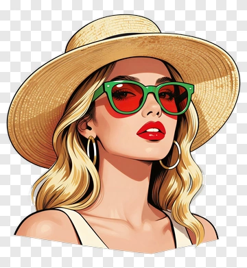 Stylish Woman Wearing Sunglasses And A Straw Hat PNG