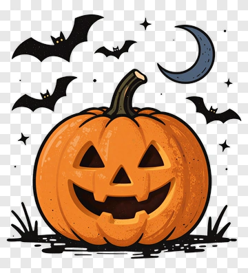 Halloween Pumpkin With Bats And Moon PNG