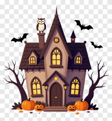 Halloween House With Pumpkins And Bats PNG