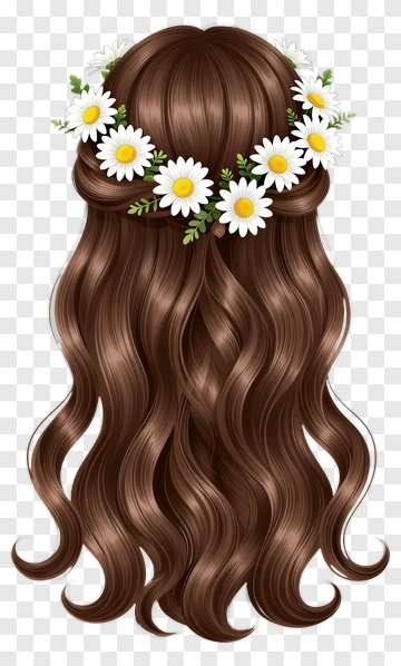 Long Brown Hair With Daisy Flower Crown PNG