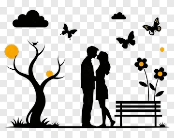 Silhouette Couple Kissing In A Park PNG