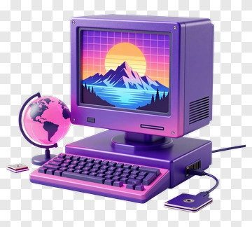 Retro Computer With Globe And Accessories PNG