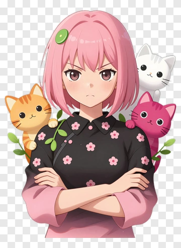 Girl With Pink Hair And Cats PNG
