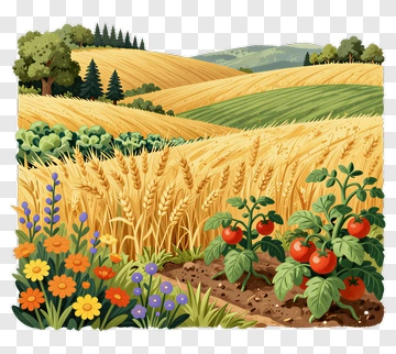 Colorful Farm Landscape With Wheat And Vegetables PNG