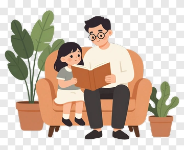 Father Reading A Book To Daughter On A Couch PNG