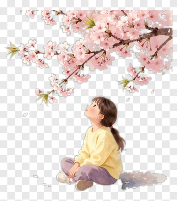Girl Sitting Under Cherry Blossom Tree PNG