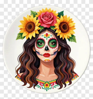 Colorful Woman With Day Of The Dead Makeup And Flowers PNG