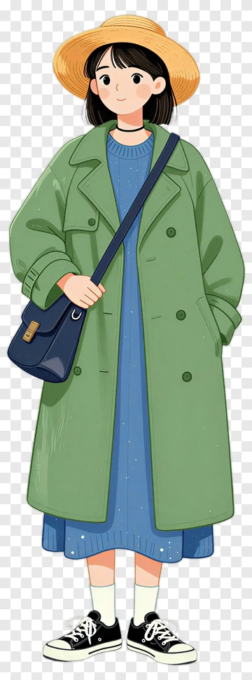 Cartoon Girl Wearing A Green Coat And Straw Hat PNG