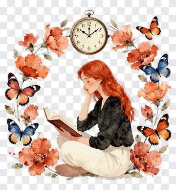 Woman Reading A Book Surrounded By Flowers And Butterflies PNG