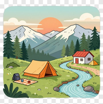 Camping Scene With Tent And Mountains PNG