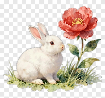 White Rabbit Beside A Pink Flower PNG