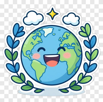 Cartoon Earth Smiling With Leaves And Clouds PNG