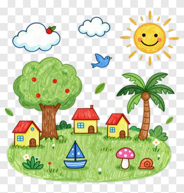 Colorful Cartoon Village With Tree And Sun PNG