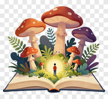 Fantasy Scene With Open Book And Giant Mushrooms PNG