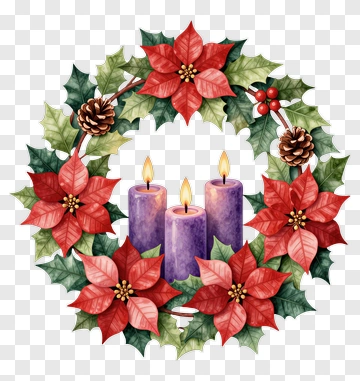 Christmas Wreath With Candles And Poinsettias PNG