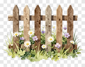 Wooden Fence With Flowers And Grass PNG