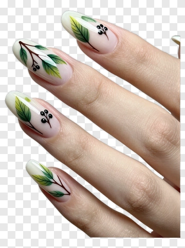 Nail Art With Green Leaves And Black Berries PNG