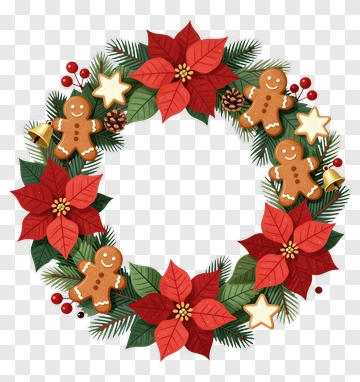 Christmas Wreath With Gingerbread Cookies And Poinsettias PNG