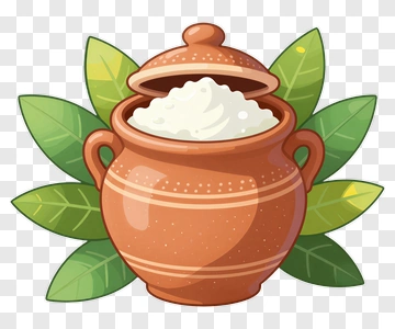 Clay Pot With Creamy Substance And Green Leaves PNG