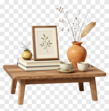 Wooden Table With Books And Decorative Items PNG