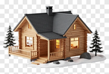 3D Log Cabin House With Snow And Pine Trees PNG