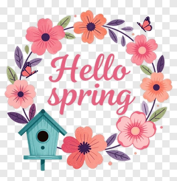 Hello Spring Floral Wreath With Birdhouse PNG