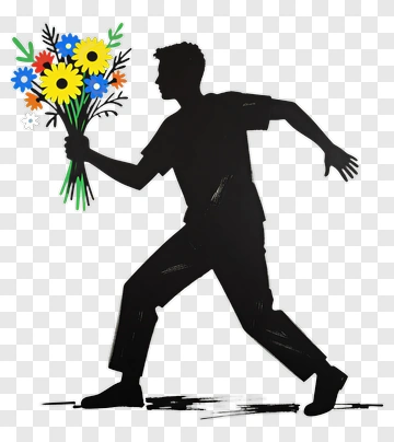 Silhouette Of A Man Running With A Bouquet Of Flowers PNG