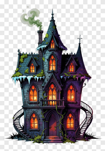 Cartoon Haunted House With Glowing Windows PNG
