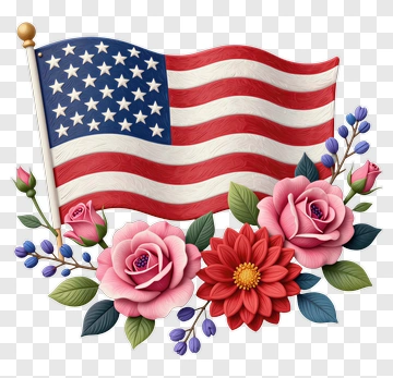 American Flag Surrounded By Flowers PNG