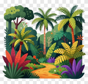 Colorful Jungle Landscape With Lush Greenery PNG