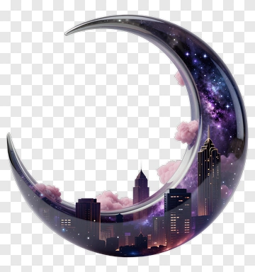 Moon Shaped Cityscape With Galaxy Background PNG