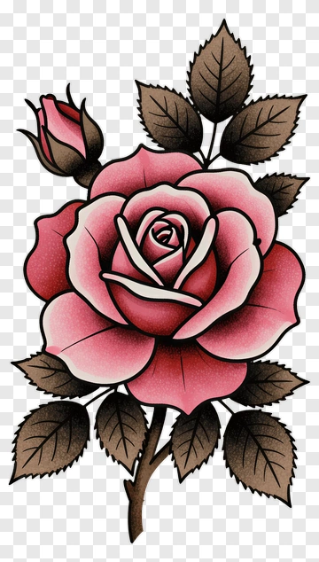 Pink Rose With Leaves PNG