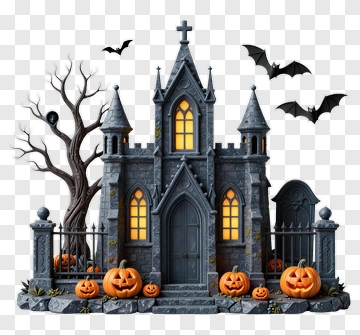 Halloween Haunted House With Pumpkins And Bats PNG