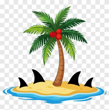 Palm Tree On An Island With Shark Fins PNG