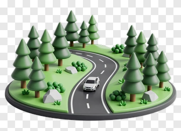 3D Car Driving On A Curvy Road Surrounded By Trees PNG