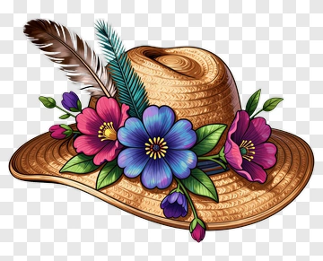 Floral Straw Hat With Feathers PNG
