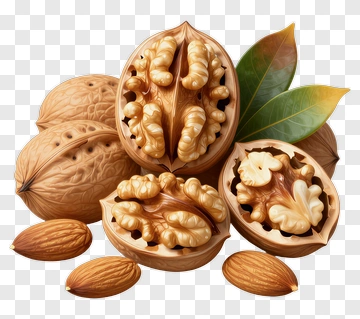 Walnuts And Almonds With Leaves PNG