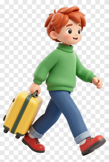 3D Boy Walking With A Yellow Suitcase PNG