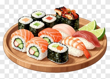 Sushi Platter With Various Rolls And Slices PNG