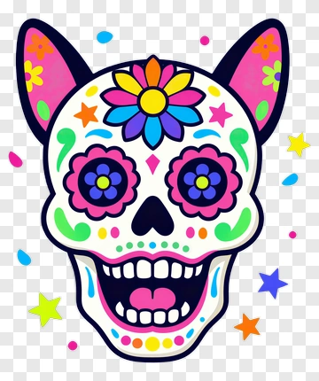 Colorful Sugar Skull With Floral Decorations PNG