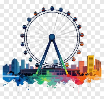 Colorful Ferris Wheel With City Skyline PNG