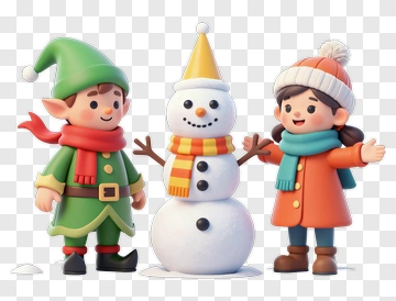 Cartoon Children And Snowman In Winter Scene PNG
