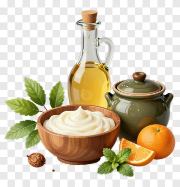 Wooden Bowl Of Cream With Olive Oil And Orange PNG