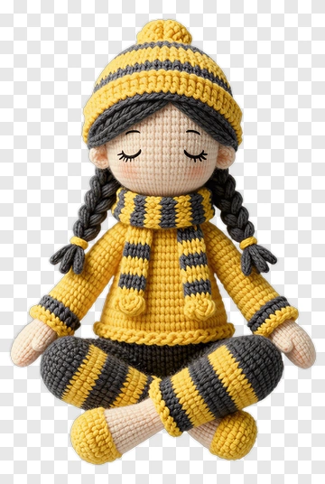 Crochet Doll In Yellow And Gray Outfit PNG